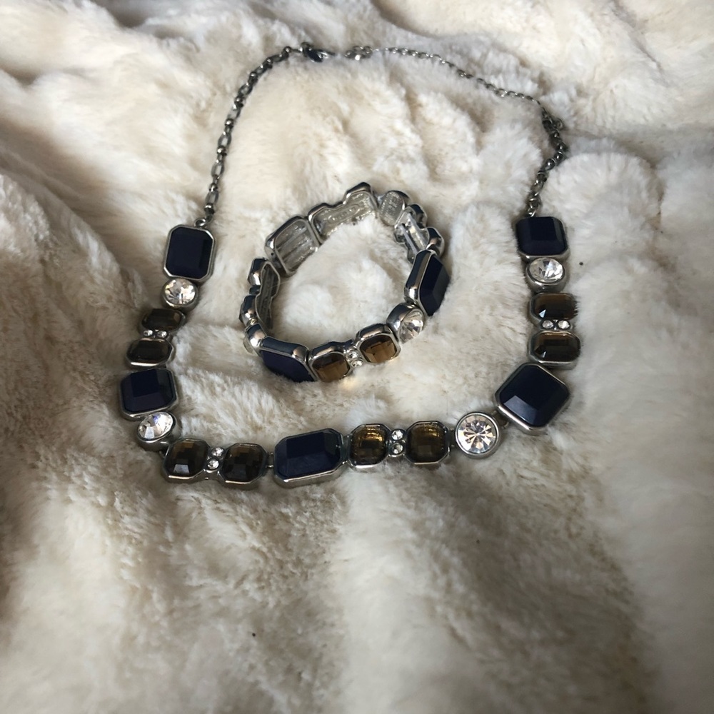 Lia Sophia Costume Jewelry. Geometric dark blue, golden and clear glass gems!